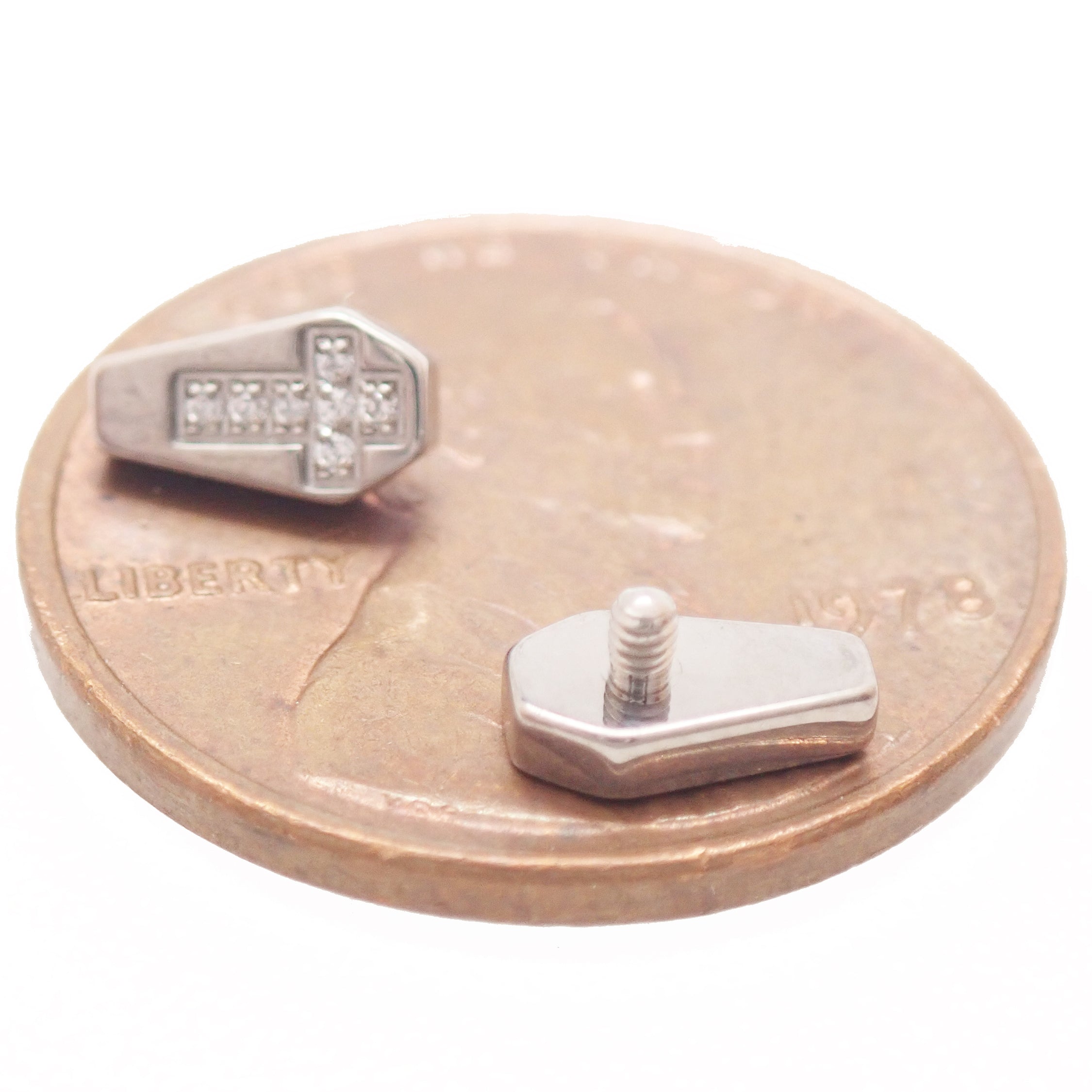 Titanium dermal body jewelry with coffin CZ cross top, 14g gauge, 1.2mm thread by Body Clickers Body Jewelry