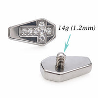Titanium dermal top with coffin CZ cross design, 14g body jewelry by Body Clickers, featuring 1.2mm thread for dermal piercing.