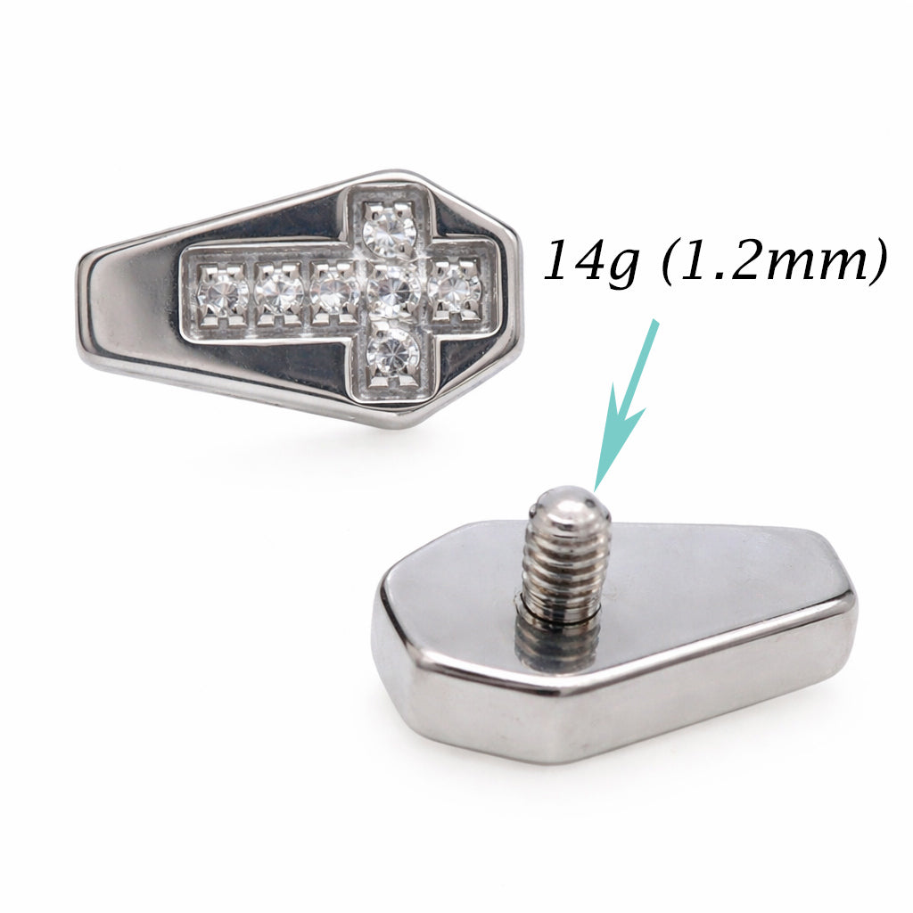 Titanium dermal top with coffin CZ cross design, 14g body jewelry by Body Clickers, featuring 1.2mm thread for dermal piercing.