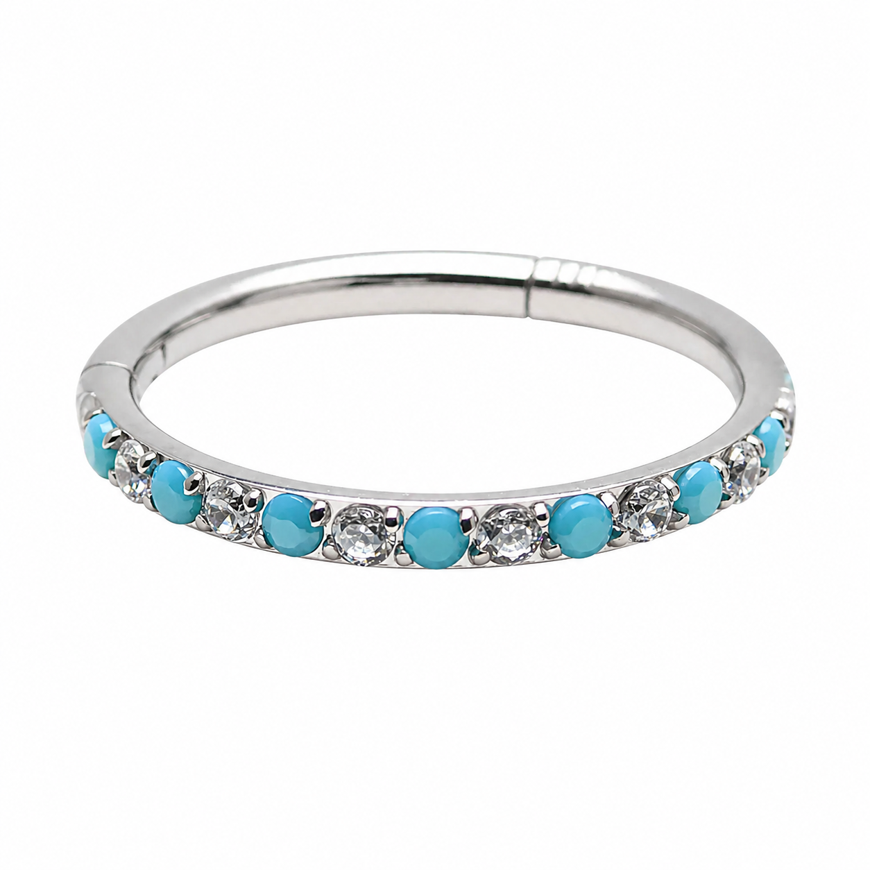 Side-facing turquoise and CZ alternating clicker body jewelry in 18g with a sleek silver finish, designed for piercings.