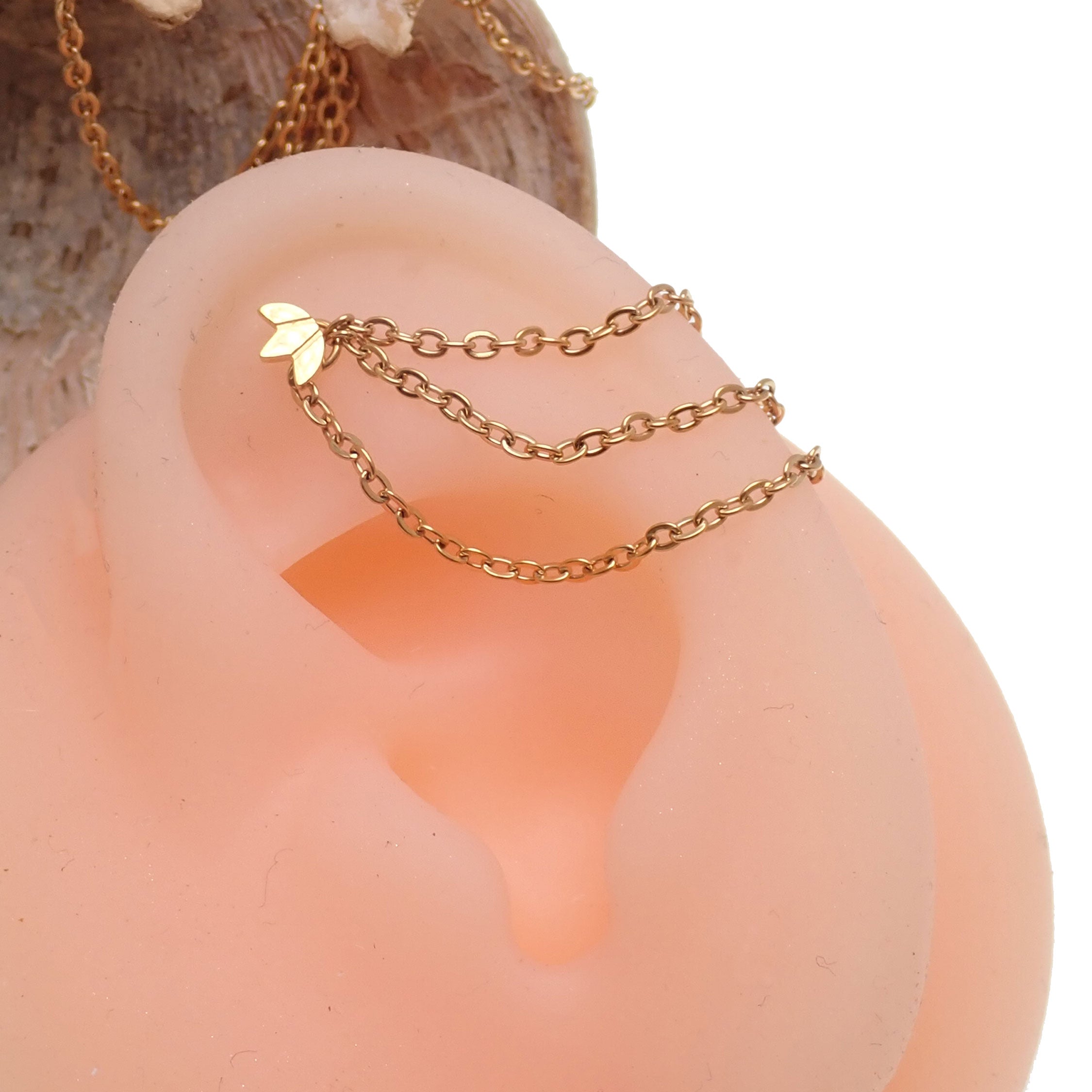Triple chain add-on charm for ear piercings, PVD titanium connector by Body Clickers Body Jewelry, featuring layered chain design.