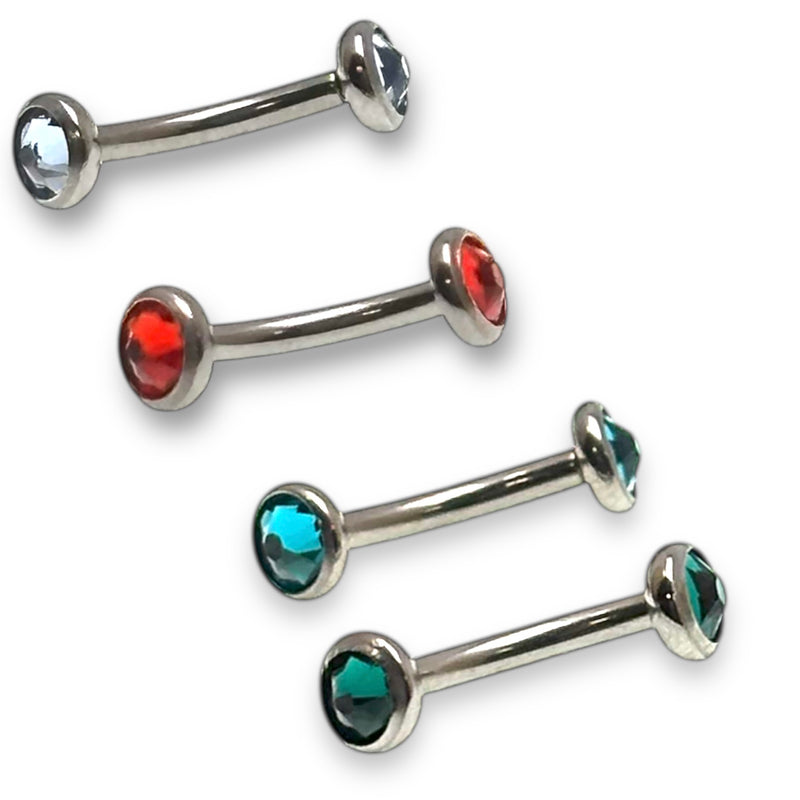 CZ Titanium Curve Bar body jewelry in 16g by Body Clickers, featuring a sleek curved design with sparkling cubic zirconia accents.