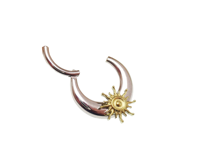 Titanium Sunburst Implant Clicker in 16G/14G with 8mm diameter, body jewelry featuring a sunburst design for pierced ears or body.