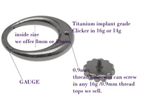 Titanium Sunburst Implant Clicker in 14G and 16G with 8mm design, body jewelry featuring a sunburst pattern and clicker closure.