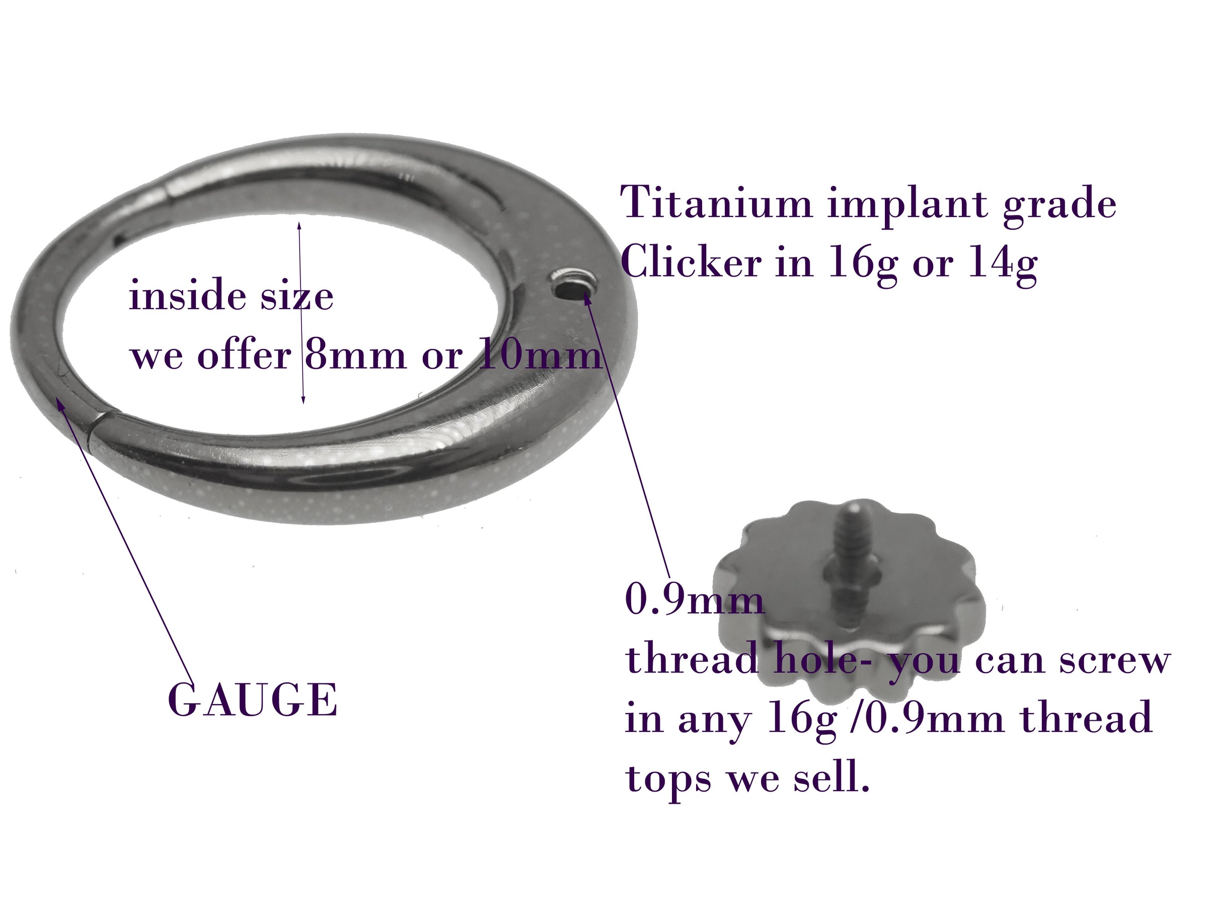 Titanium Sunburst Implant Clicker in 14G and 16G with 8mm design, body jewelry featuring a sunburst pattern and clicker closure.