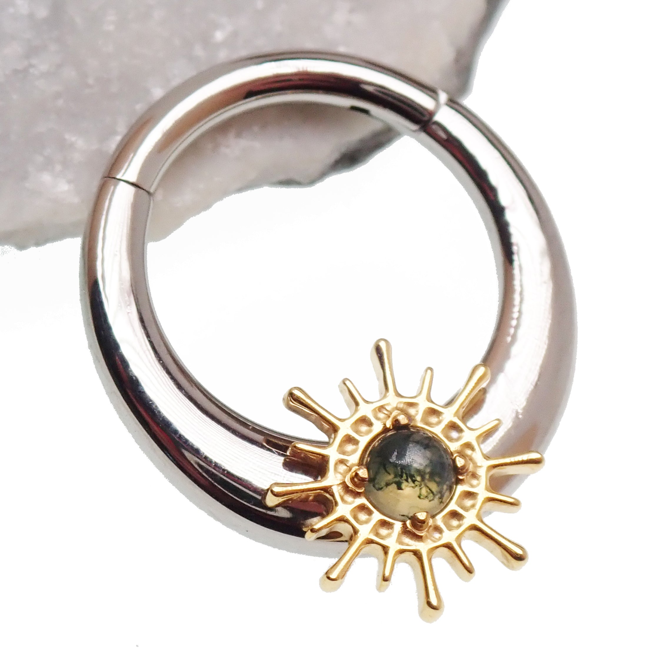 Titanium Sunburst Clicker  Moss Agate – 16G/14G Implant-Grade