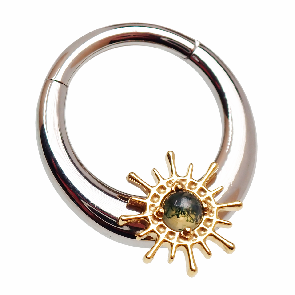 Titanium Sunburst Clicker  Moss Agate – 16G/14G Implant-Grade