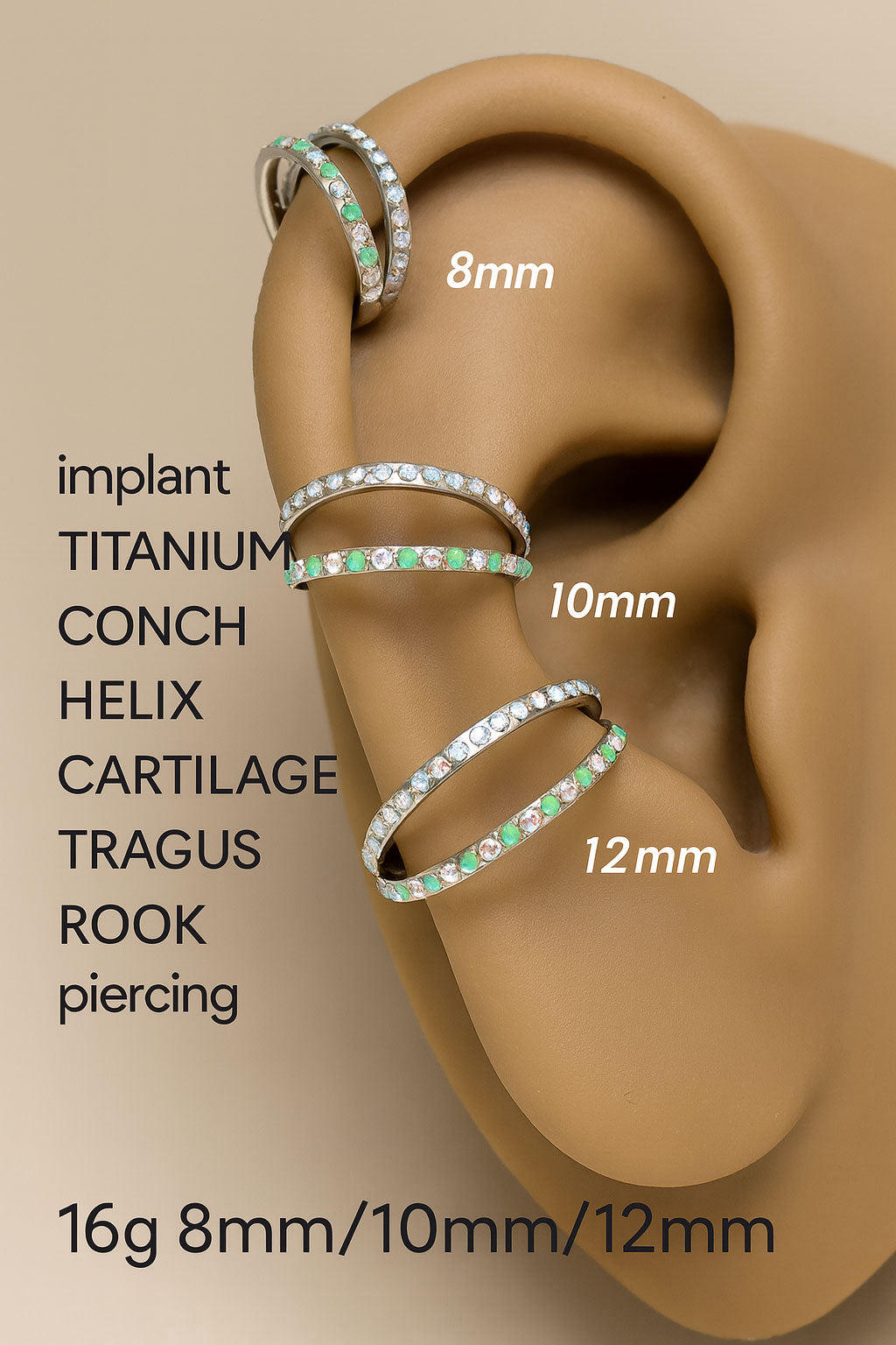 16g titanium implant clicker with kiwi green opal and AB CZ double row design, body jewelry for piercings.