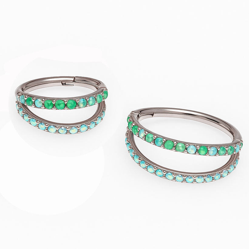 16g titanium implant clicker with kiwi green opal and AB cubic zirconia double row design, Body Clickers Body Jewelry.