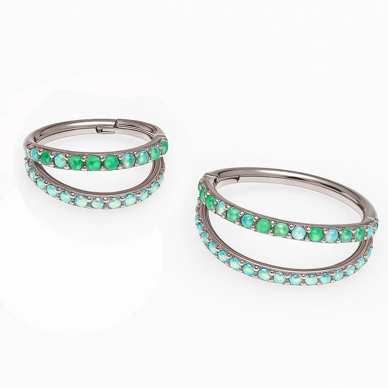 16g titanium implant clicker with kiwi green opal and AB cubic zirconia double row design, Body Clickers Body Jewelry.