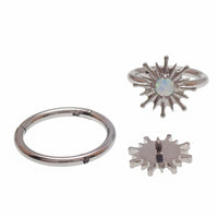 Implant grade titanium white opal sun hinge clicker body jewelry in 16g with 8mm or 10mm size for piercings.