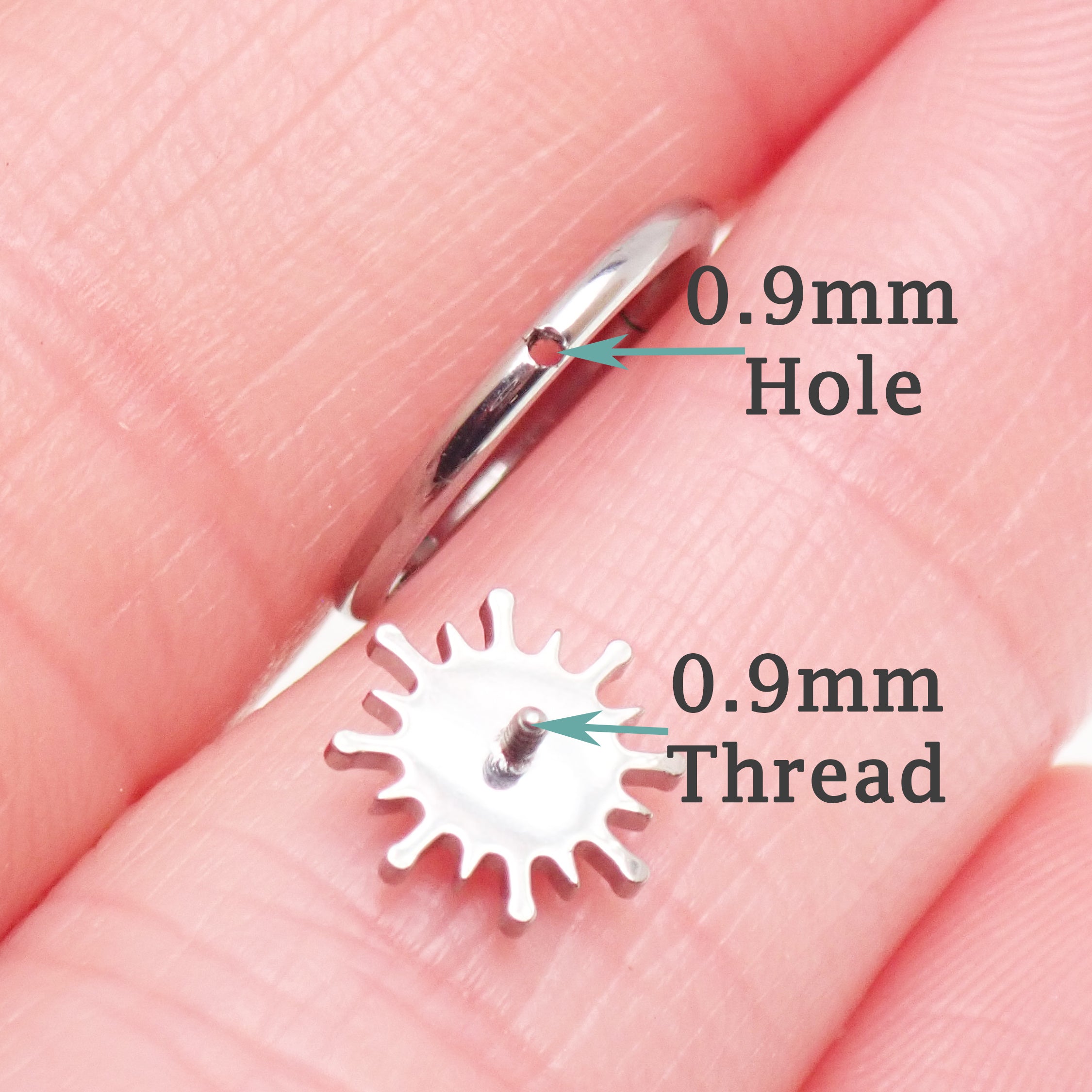 Implant grade titanium white opal sun hinge clicker body jewelry, 16g with 8mm or 10mm diameter piercing.