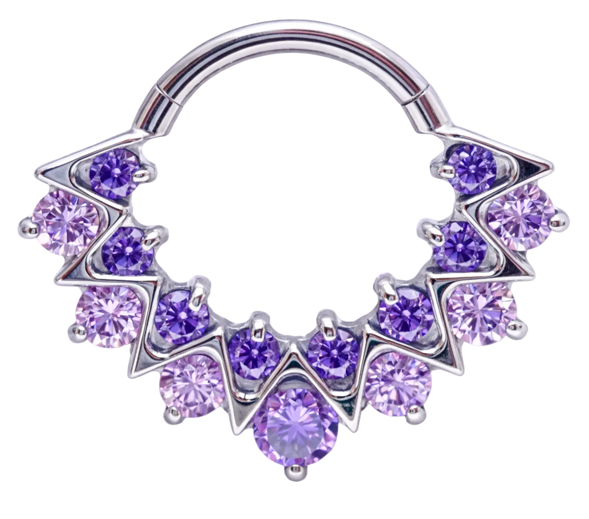 Amethyst CZ 16G titanium clicker body jewelry for daith and septum piercings, featuring a sparkling amethyst cubic zirconia design.