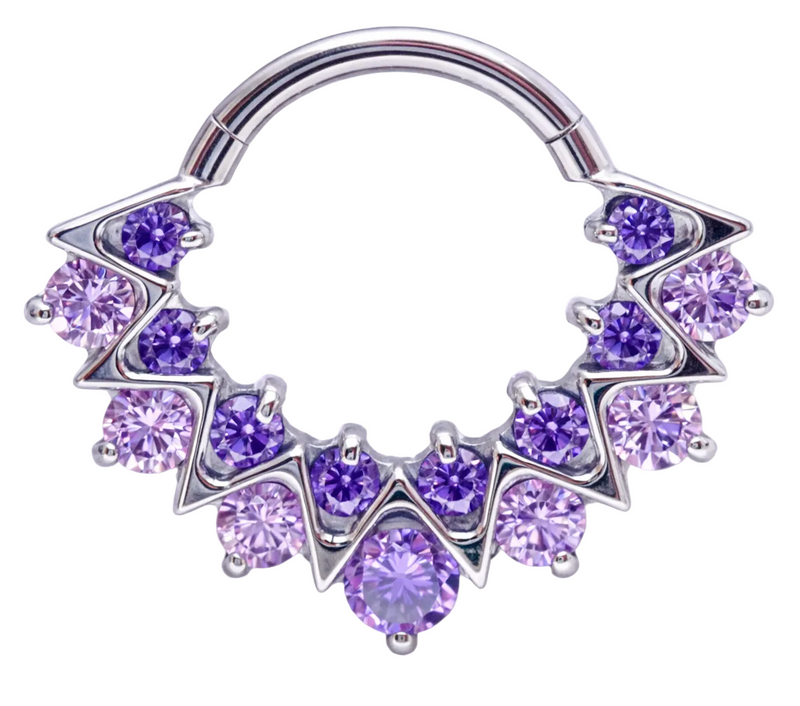 Amethyst CZ 16G titanium clicker body jewelry for daith and septum piercings, featuring a sparkling amethyst cubic zirconia design.