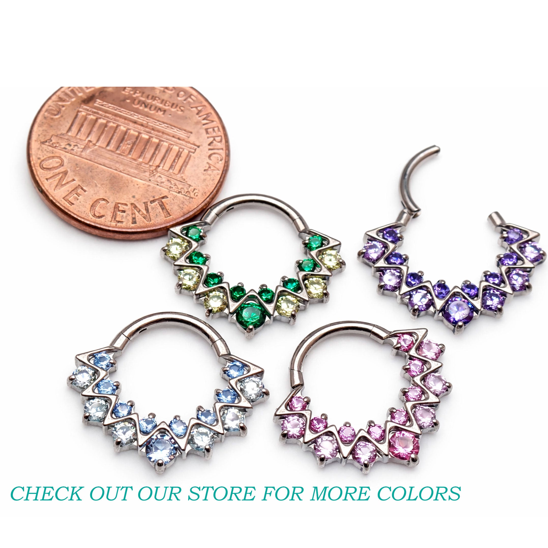 Amethyst CZ 16G titanium clicker jewelry for daith and septum piercings from Body Clickers, featuring a blue CZ gemstone.