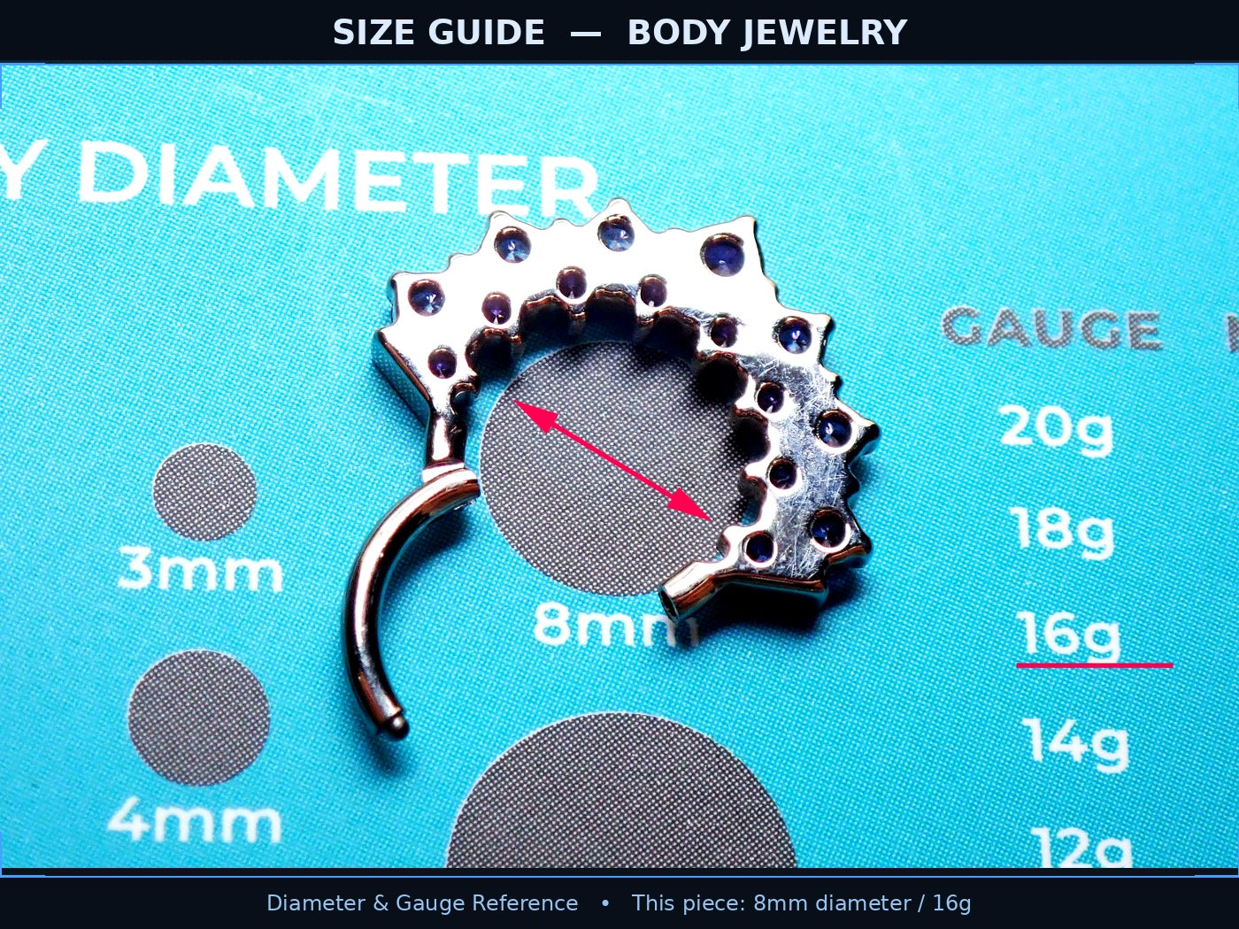 Blue CZ 16G titanium clicker jewelry for daith and septum piercings, from Body Clickers Body Jewelry.