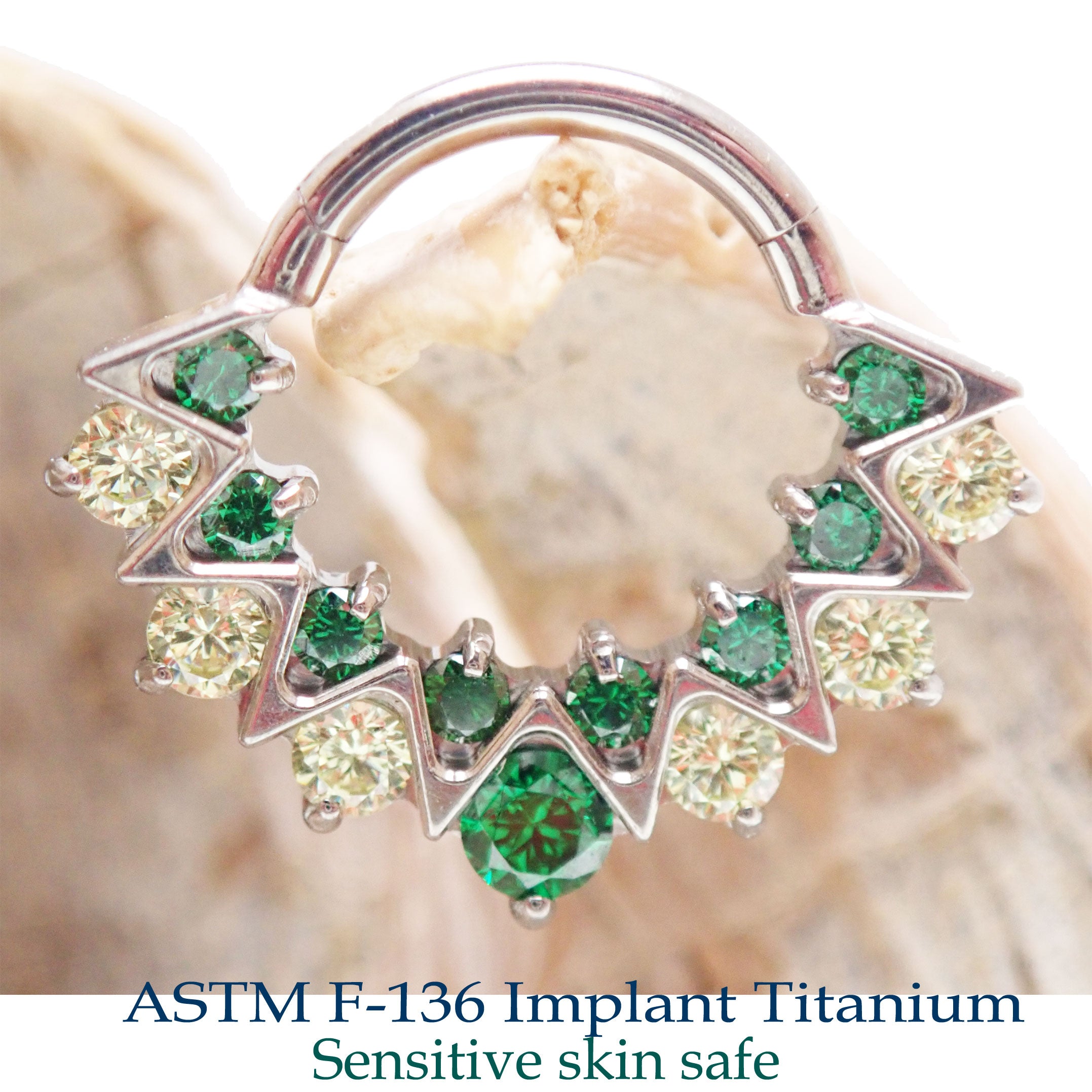 Green CZ 16G titanium daith and septum clicker jewelry from Body Clickers Body Jewelry, featuring a sleek implant design.