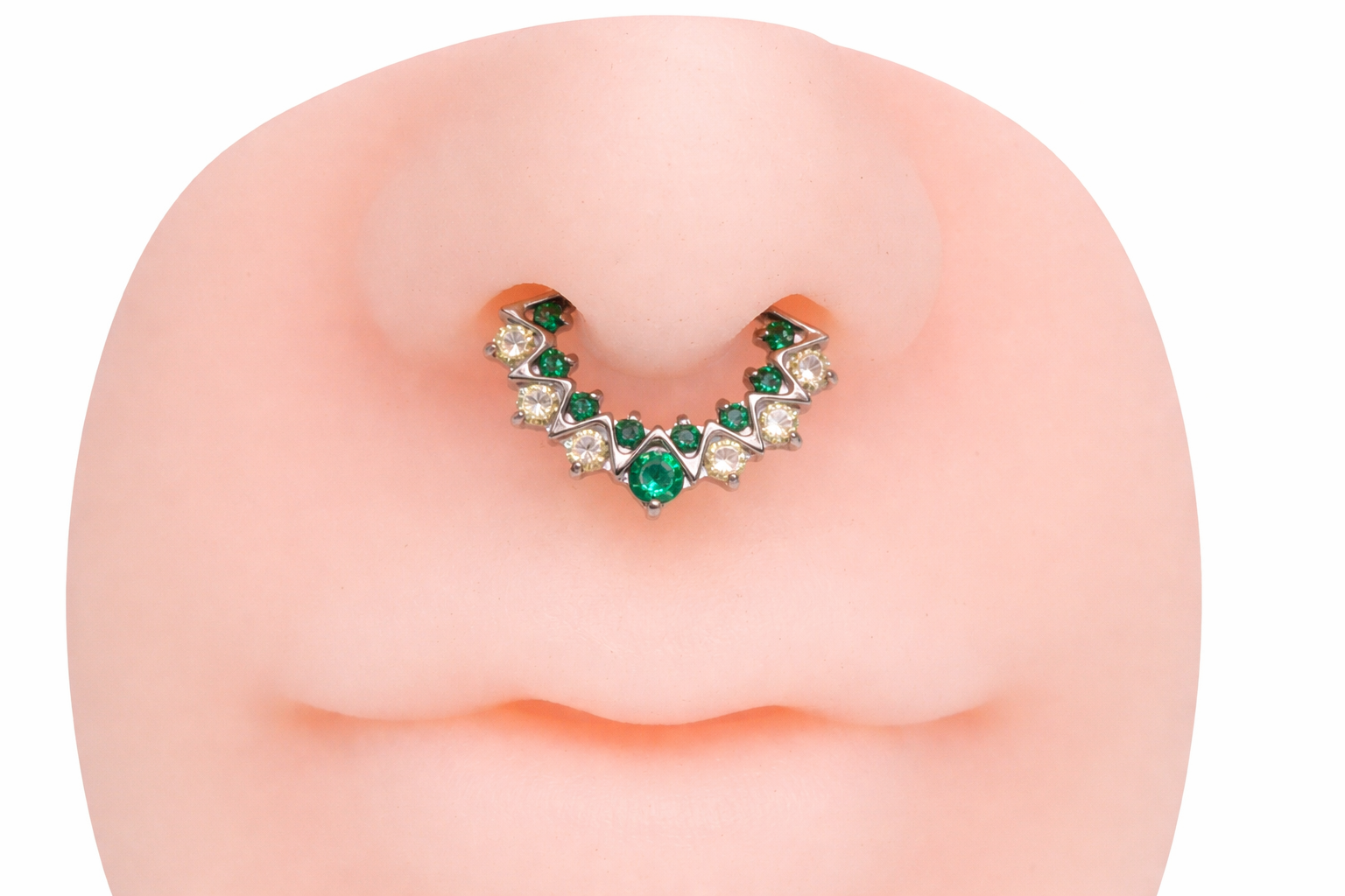 Green CZ 16G titanium daith and septum clicker from Body Clickers Body Jewelry, featuring a sleek implant design.