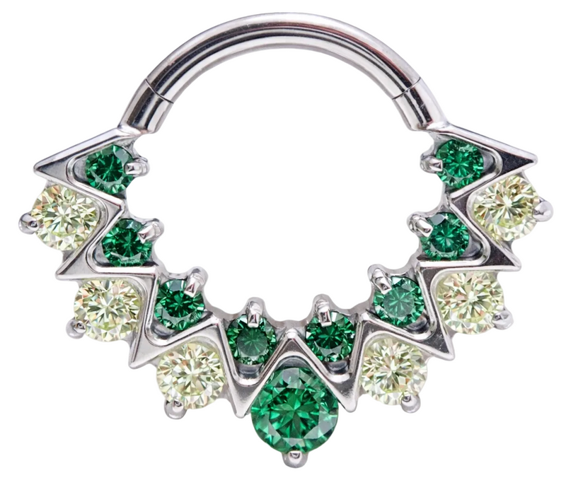 Green CZ titanium clicker for daith and septum piercing, body jewelry by Body Clickers, 16G implant style.