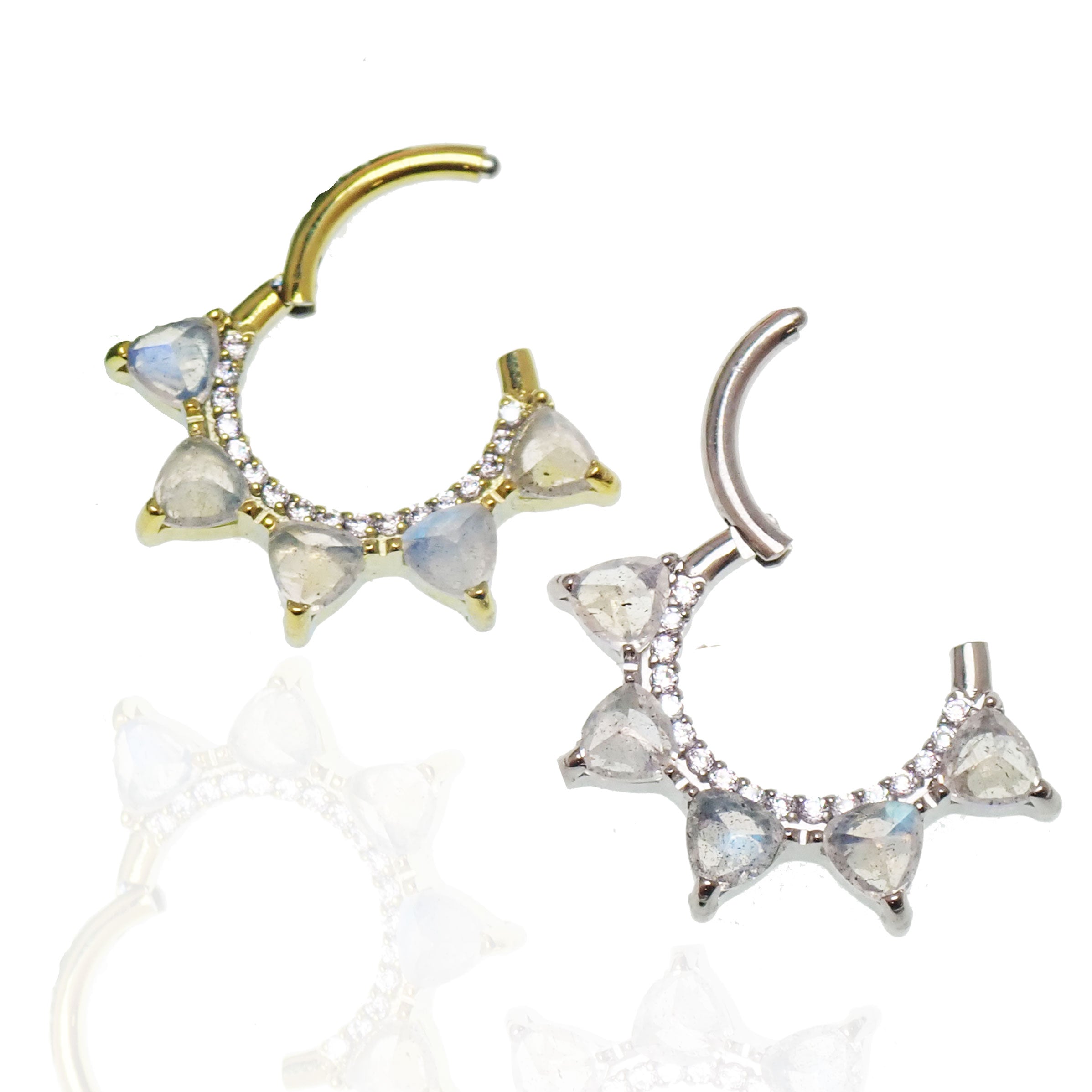 Moonstone implant grade titanium clicker jewelry in 16g and 8mm size, featuring a sleek design for body piercing.