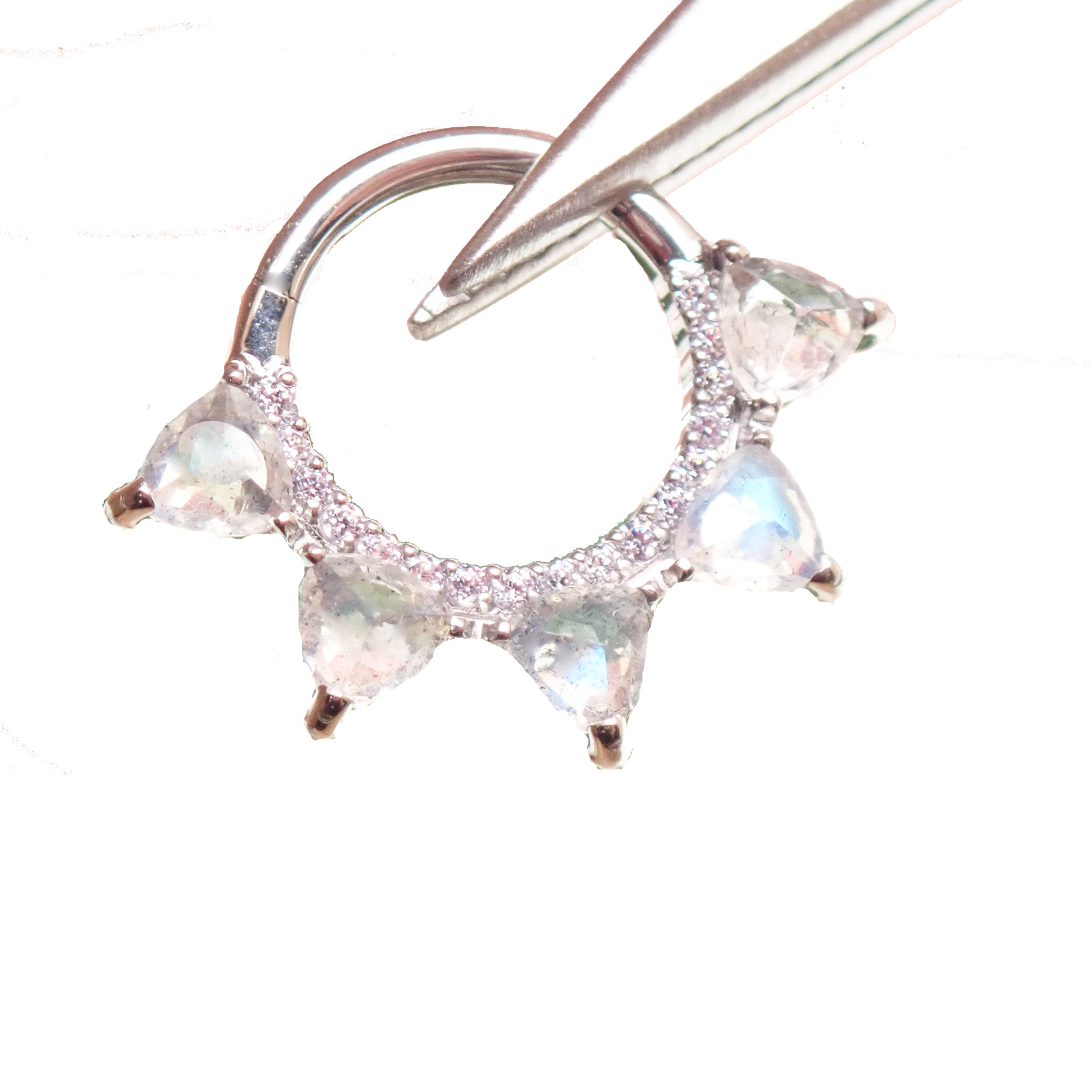 Moonstone implant grade titanium clicker jewelry in 16g, 8mm size, featuring a sleek design and smooth finish for body piercing.