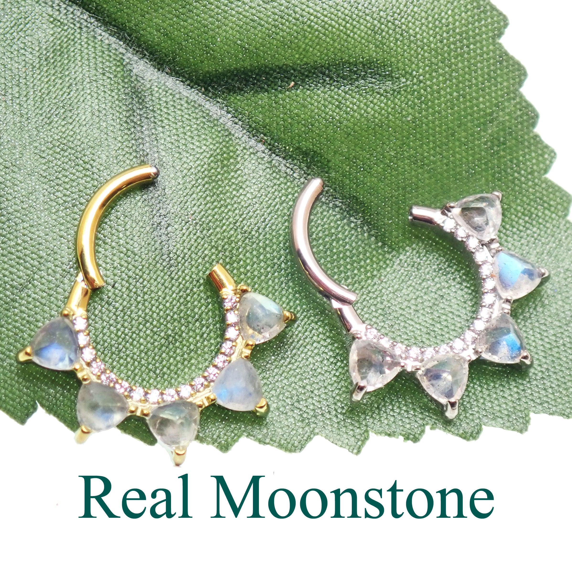 Moonstone implant grade titanium clicker jewelry in 16g size with 8mm diameter, designed for body piercings and body jewelry.