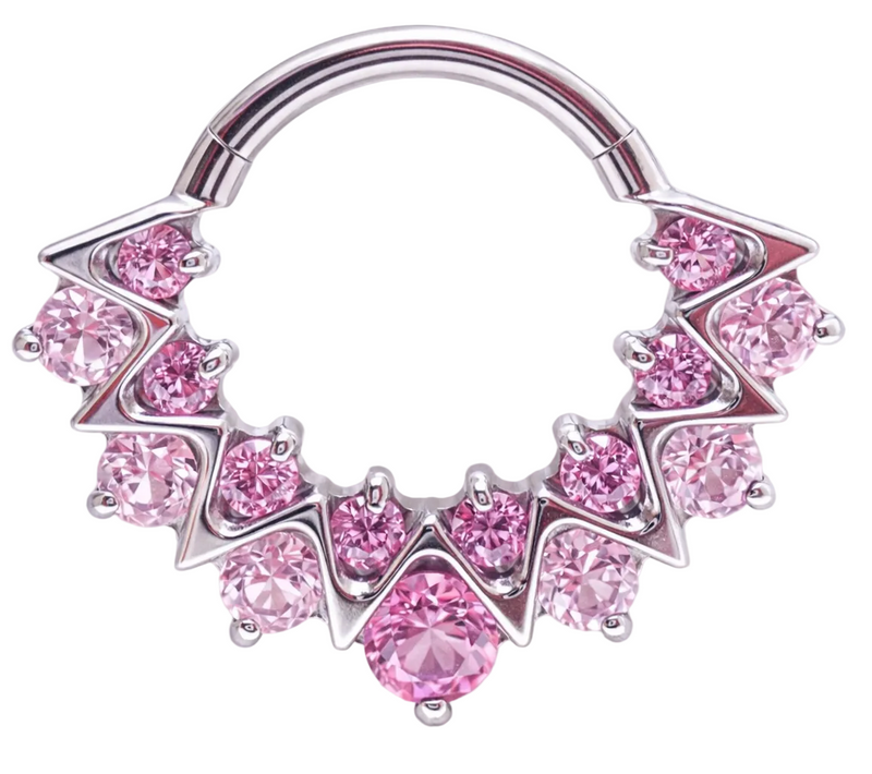 Pink CZ 16G titanium clicker jewelry for daith and septum piercings, featuring a stylish design by Body Clickers Body Jewelry.
