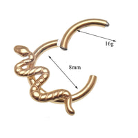 Gold titanium snake clicker body jewelry in 16g with 8mm diameter, featuring a sleek, curved design for piercings.