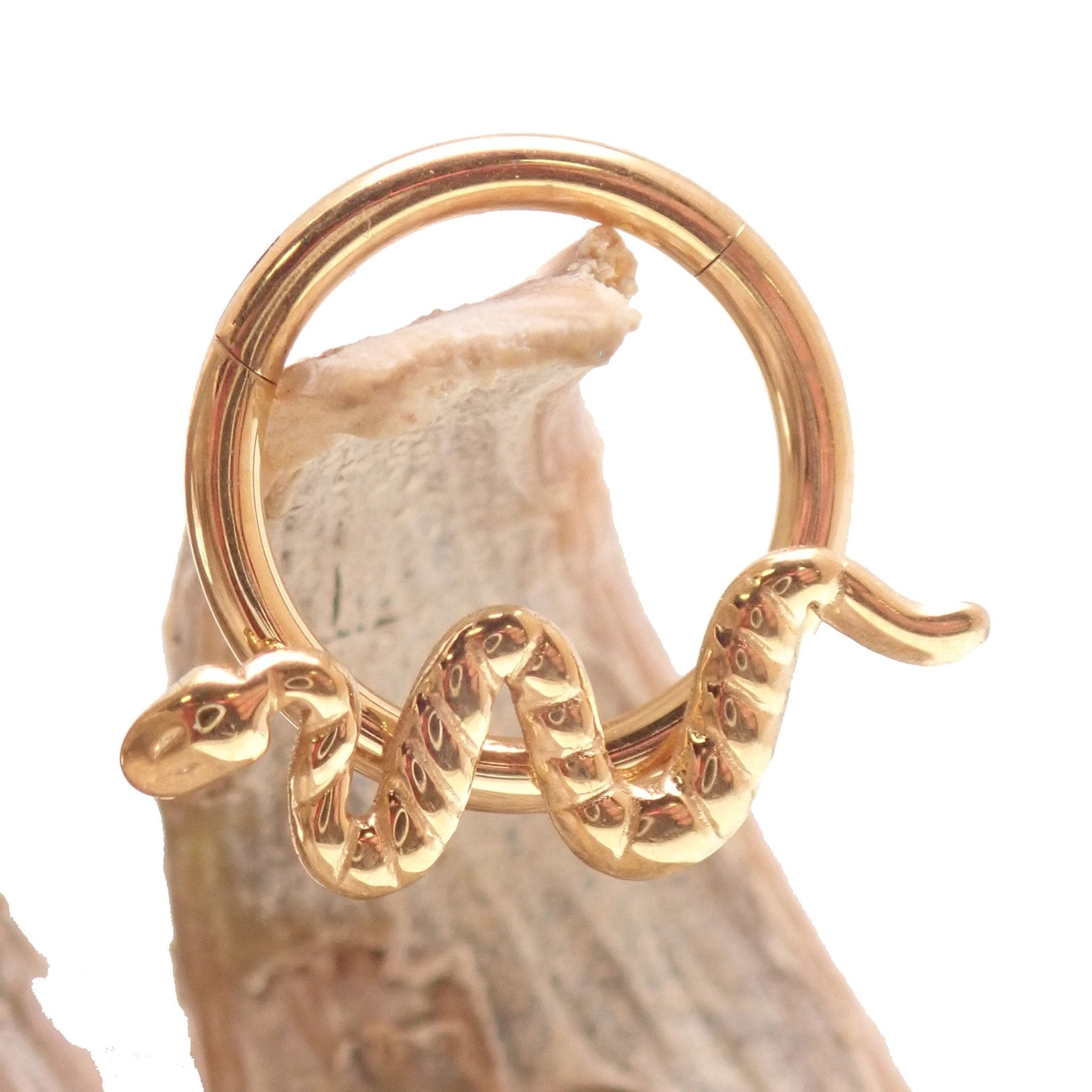 PVD Gold Titanium Snake Clicker body jewelry in 16g with 8mm diameter, featuring a sleek snake design.
