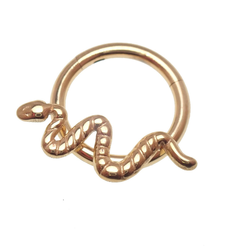 Gold titanium snake clicker body jewelry in 16g size with an 8mm design, featuring a sleek, curved shape.