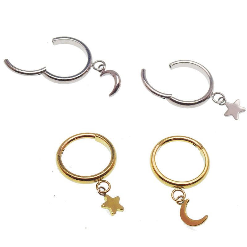 18g titanium moon or star clicker hoop with charm, body jewelry by Body Clickers, suitable for cartilage piercing.