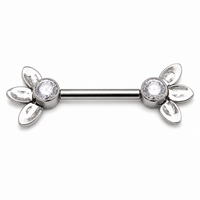 Body Clickers three-leaf nipple push fit bar in 14g and 16g, body jewelry with crystal cz accents, 12mm length.