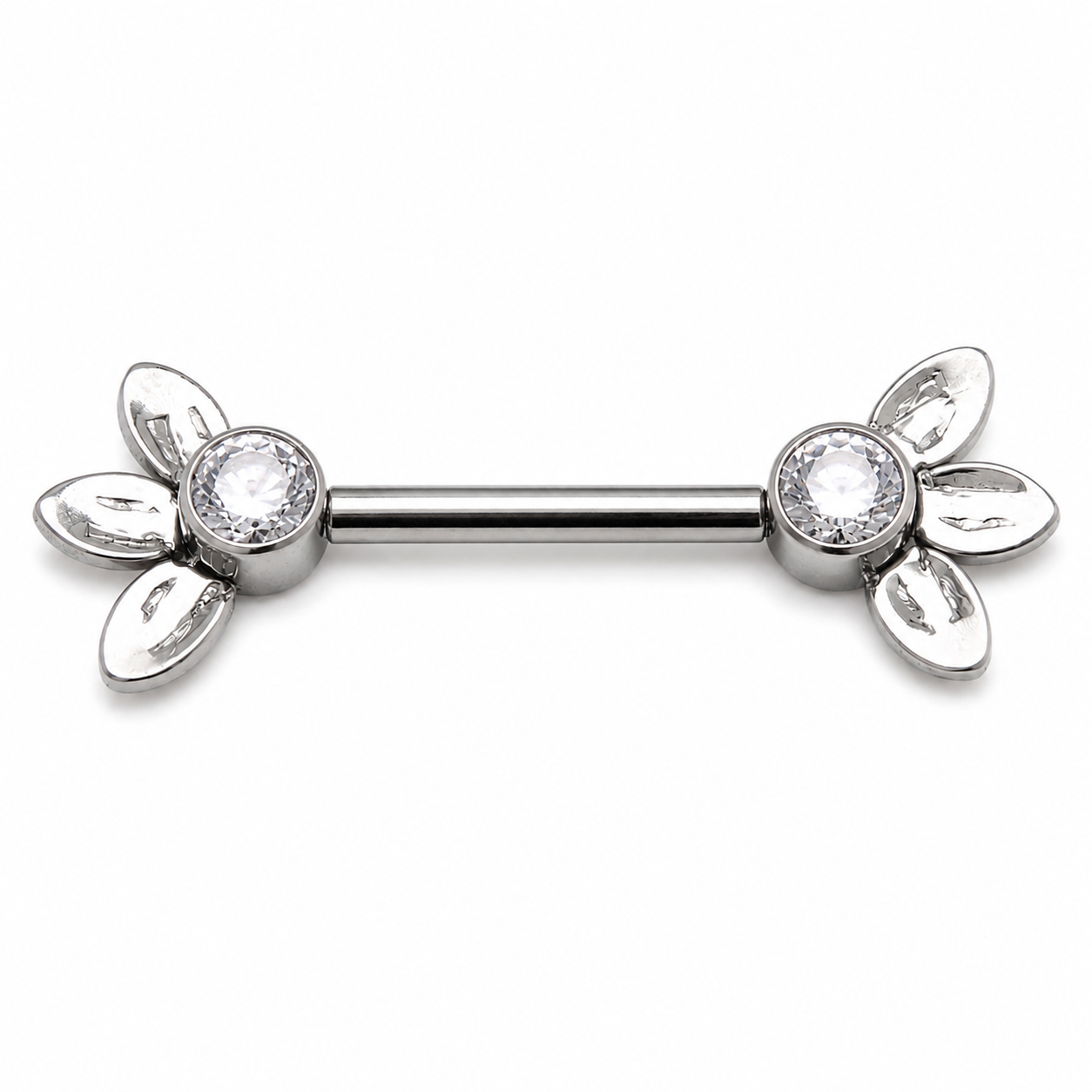 Body Clickers three-leaf nipple push fit bar in 14g and 16g, body jewelry with crystal cz accents, 12mm length.