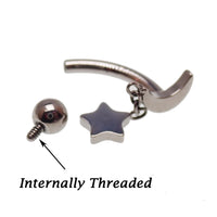 Titanium internally threaded curve barbell with moon and star chain, suitable for eyebrow or rook piercing by Body Clickers Body Jewelry
