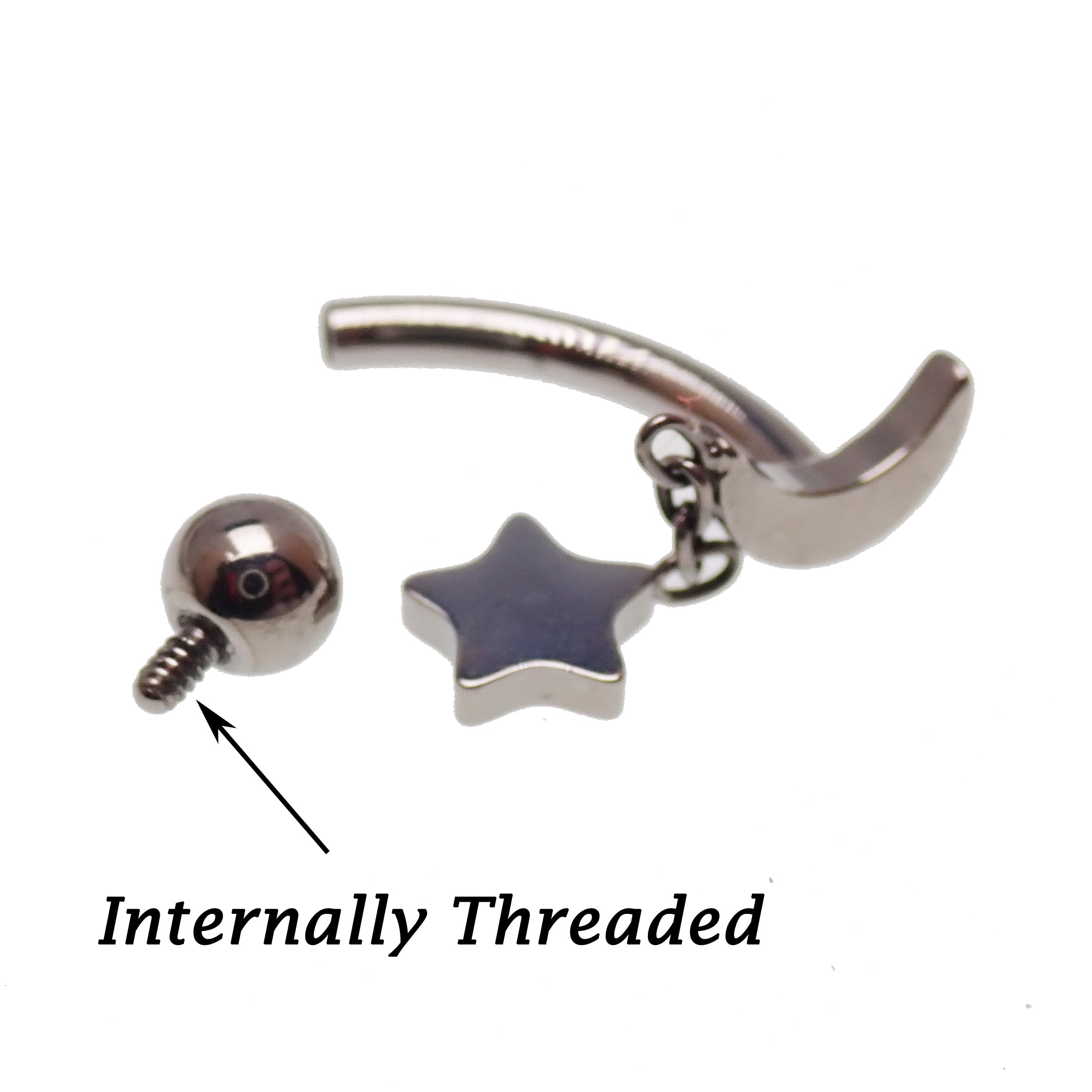 Titanium internally threaded curve barbell with moon and star chain, suitable for eyebrow or rook piercing by Body Clickers Body Jewelry