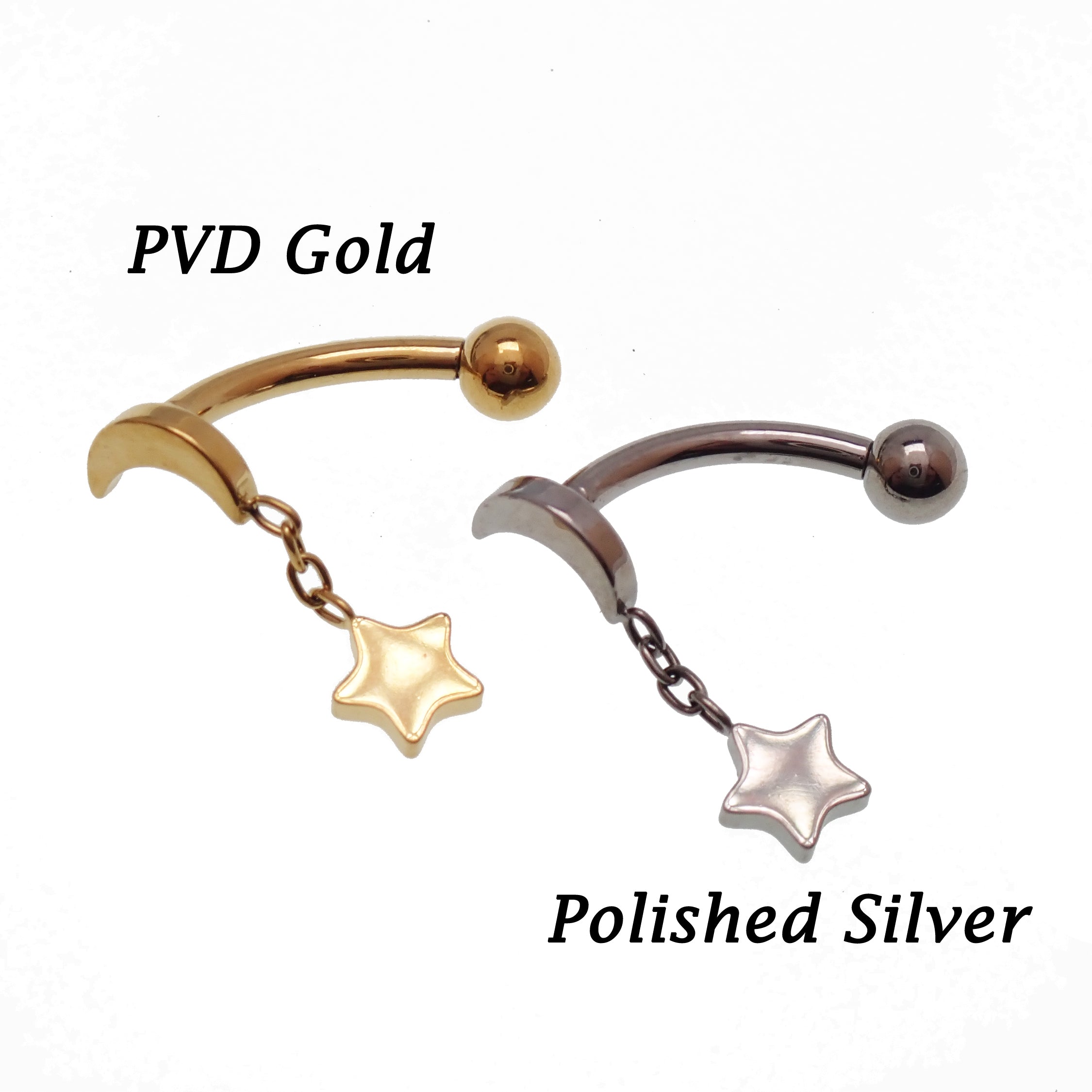 Titanium internally threaded curve barbell with moon and star chain design for eyebrow and rook piercings by Body Clickers Body Jewelry