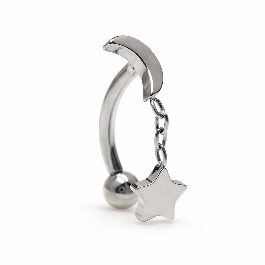 16g titanium internally threaded curve barbell with moon and star chain for eyebrow and rook piercings by Body Clickers Body Jewelry