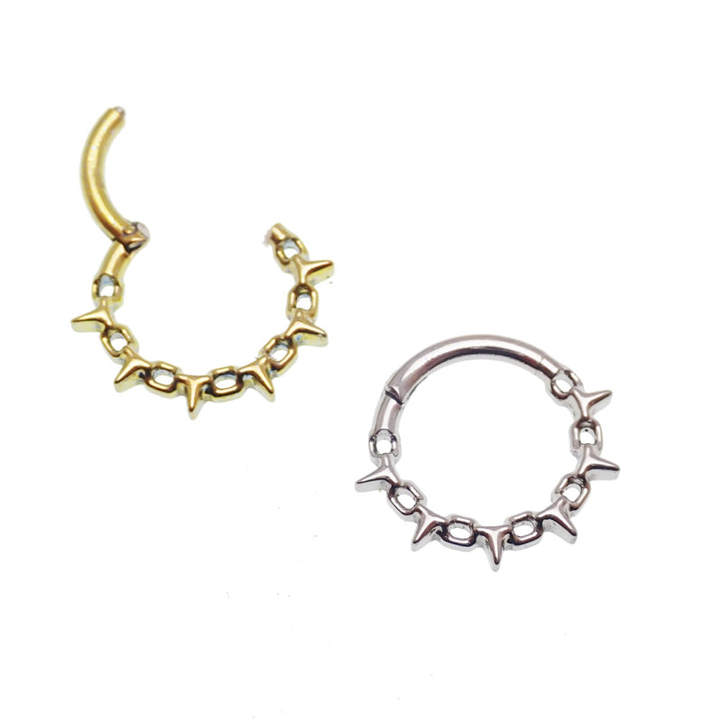 16G Body Clickers hinged clicker body jewelry with chain spike design and 8mm ball, suitable for eyebrow or septum piercing.