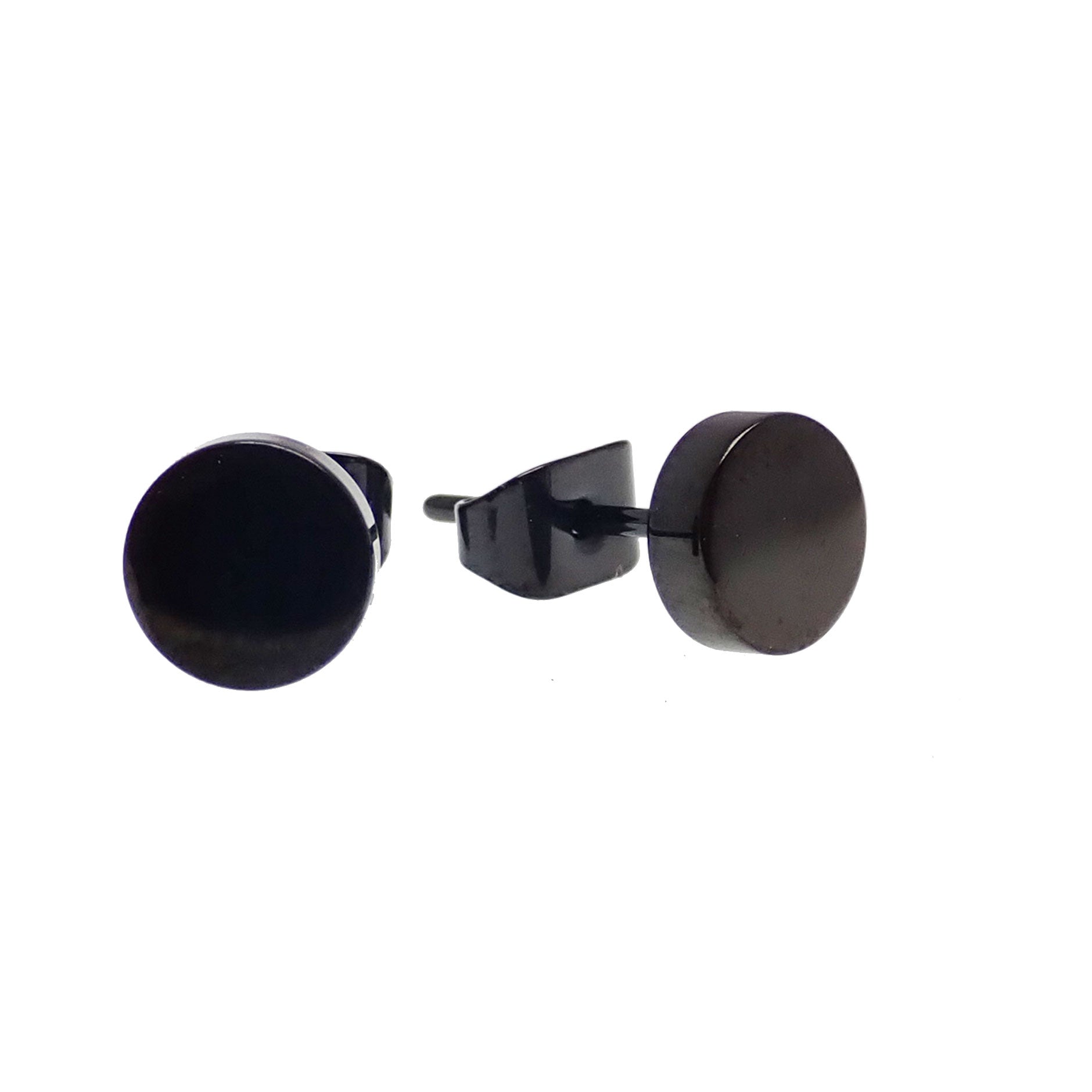 Pair of black PVD titanium disc earrings for body jewelry, 20g implant-style earrings by Body Clickers.