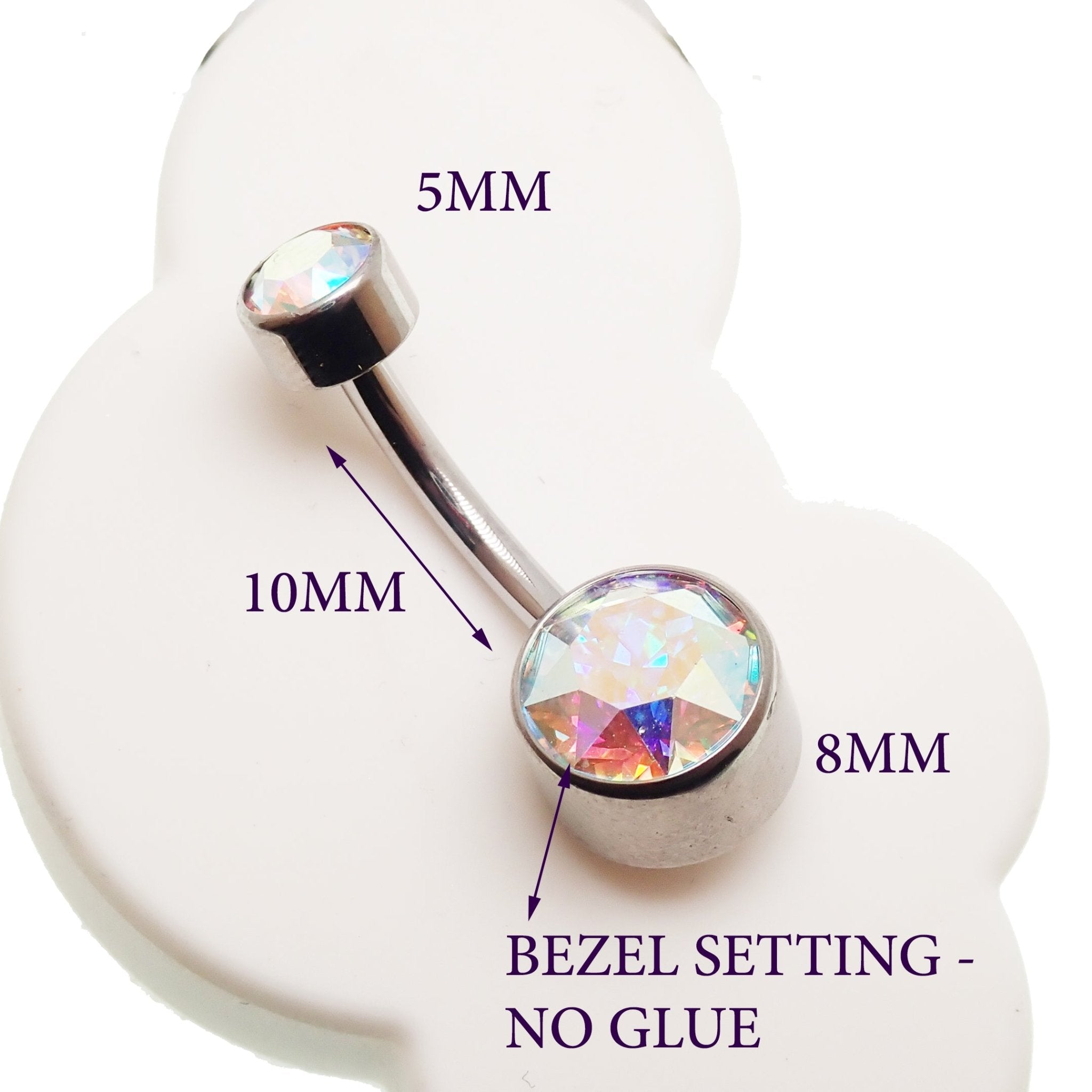Internally threaded AB cubic zirconia belly bar body jewelry by Body Clickers, 14g with sparkling CZ stones and sleek design.
