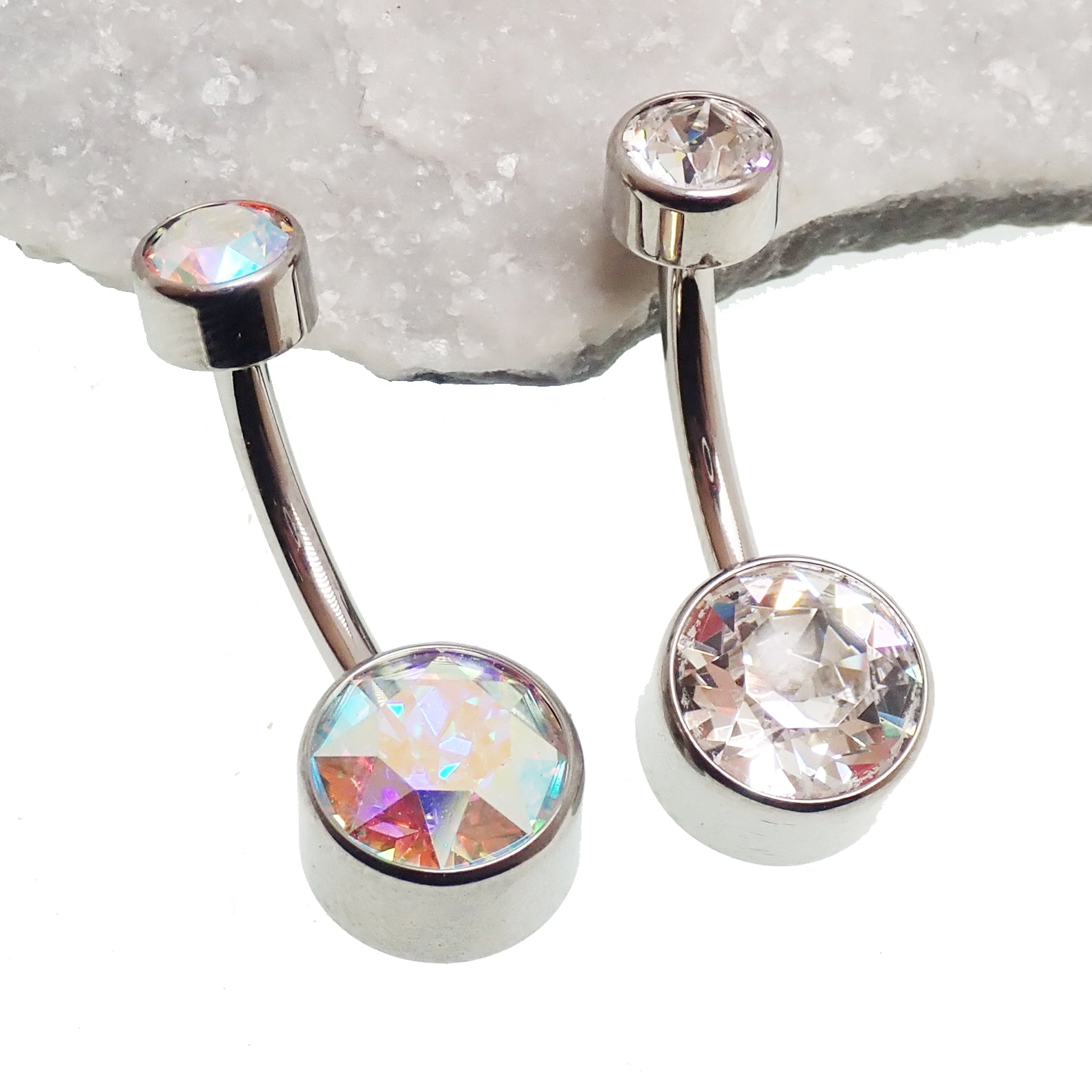Internally threaded AB CZ belly bar body jewelry in 14g with sparkling cubic zirconia from Body Clickers