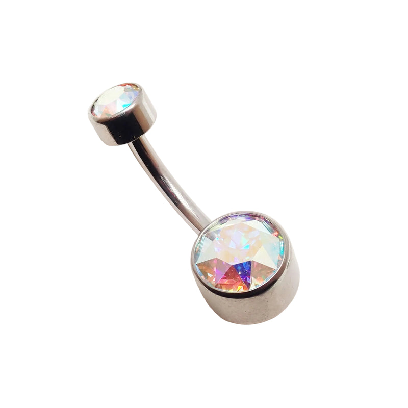 Internally threaded AB CZ belly bar body jewelry by Body Clickers, 14g with sparkling cubic zirconia for navel piercing.