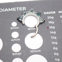Moss agate and CZ hinged clicker body jewelry in 16g with natural stone and sparkling cubic zirconia accents