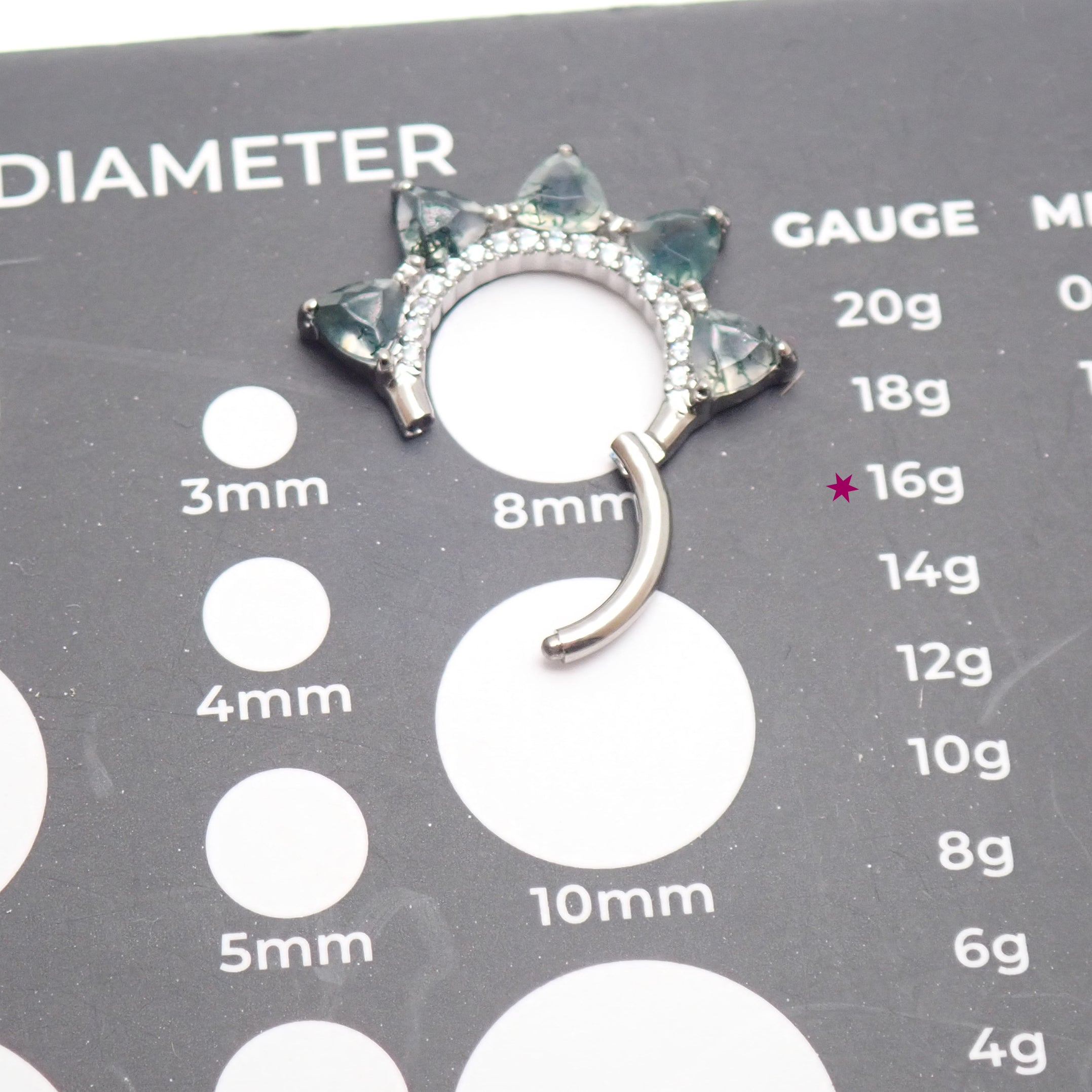 Moss agate and CZ hinged clicker body jewelry in 16g with natural stone and sparkling cubic zirconia accents