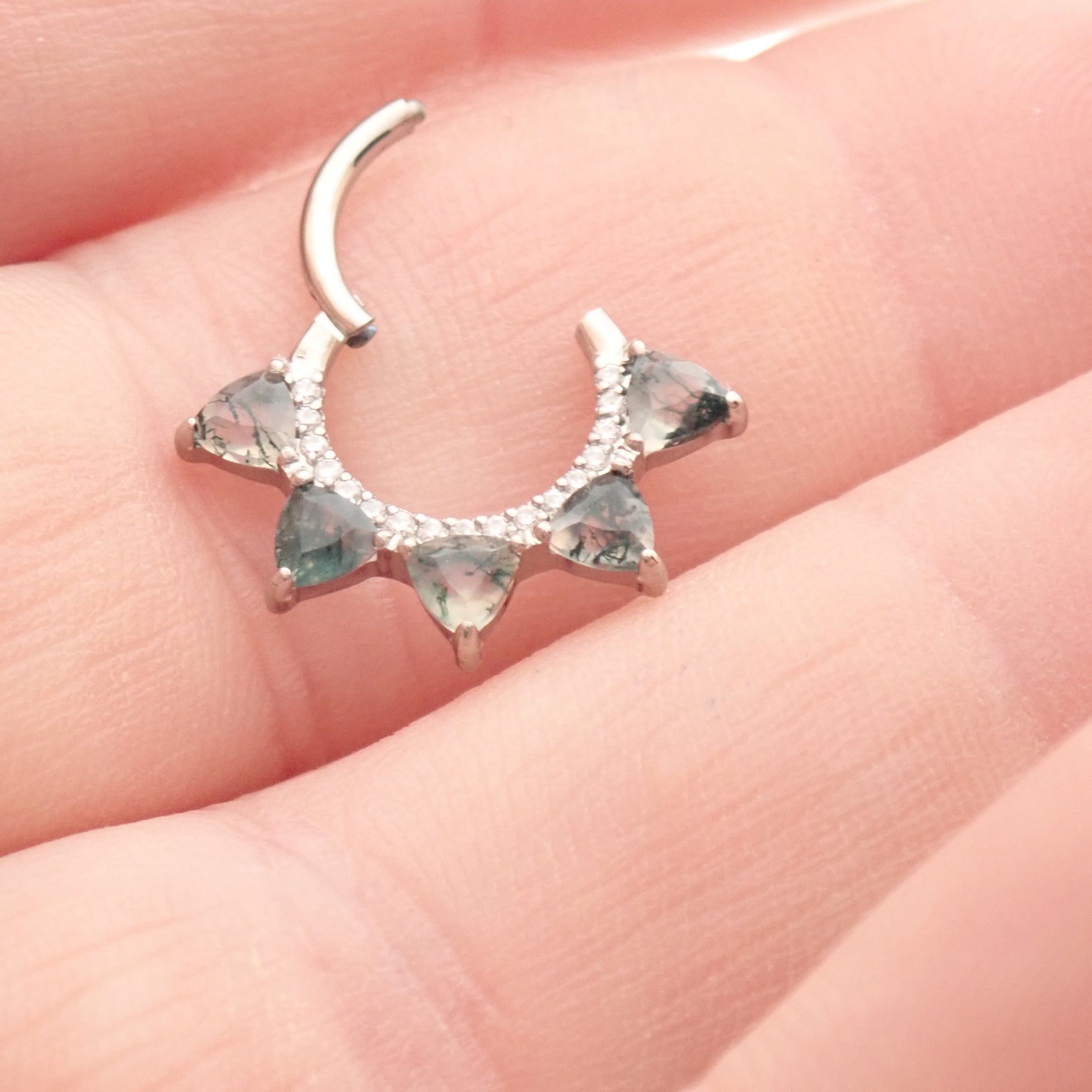 Moss agate and cubic zirconia hinged clicker body jewelry in 16g, featuring natural stone and sparkling accents.