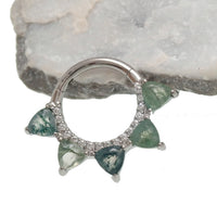 Moss agate and cubic zirconia hinged clicker body jewelry in 16g with gold-tone finish, featuring natural stone and sparkling stones.