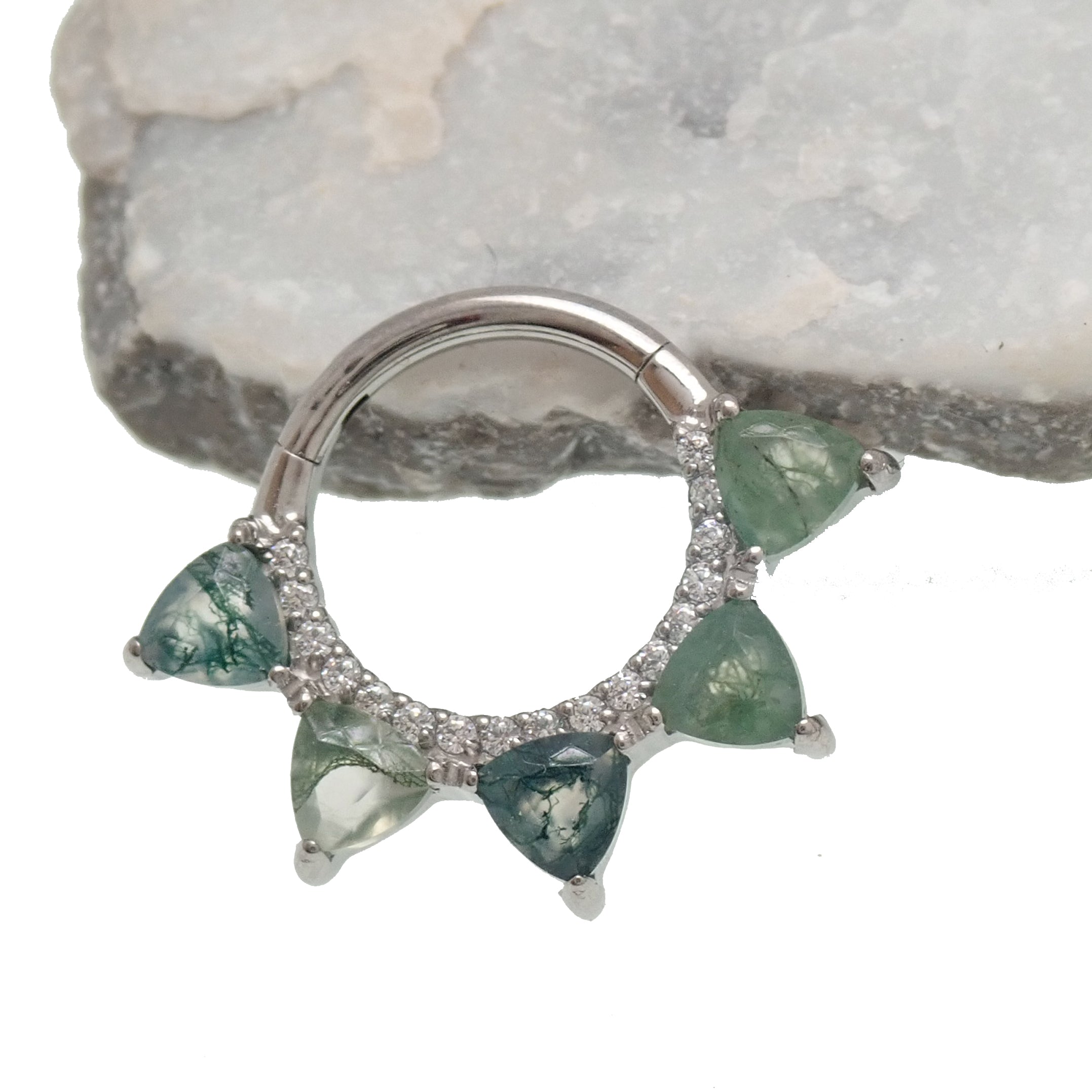 Moss agate and cubic zirconia hinged clicker body jewelry in 16g with gold-tone finish, featuring natural stone and sparkling stones.