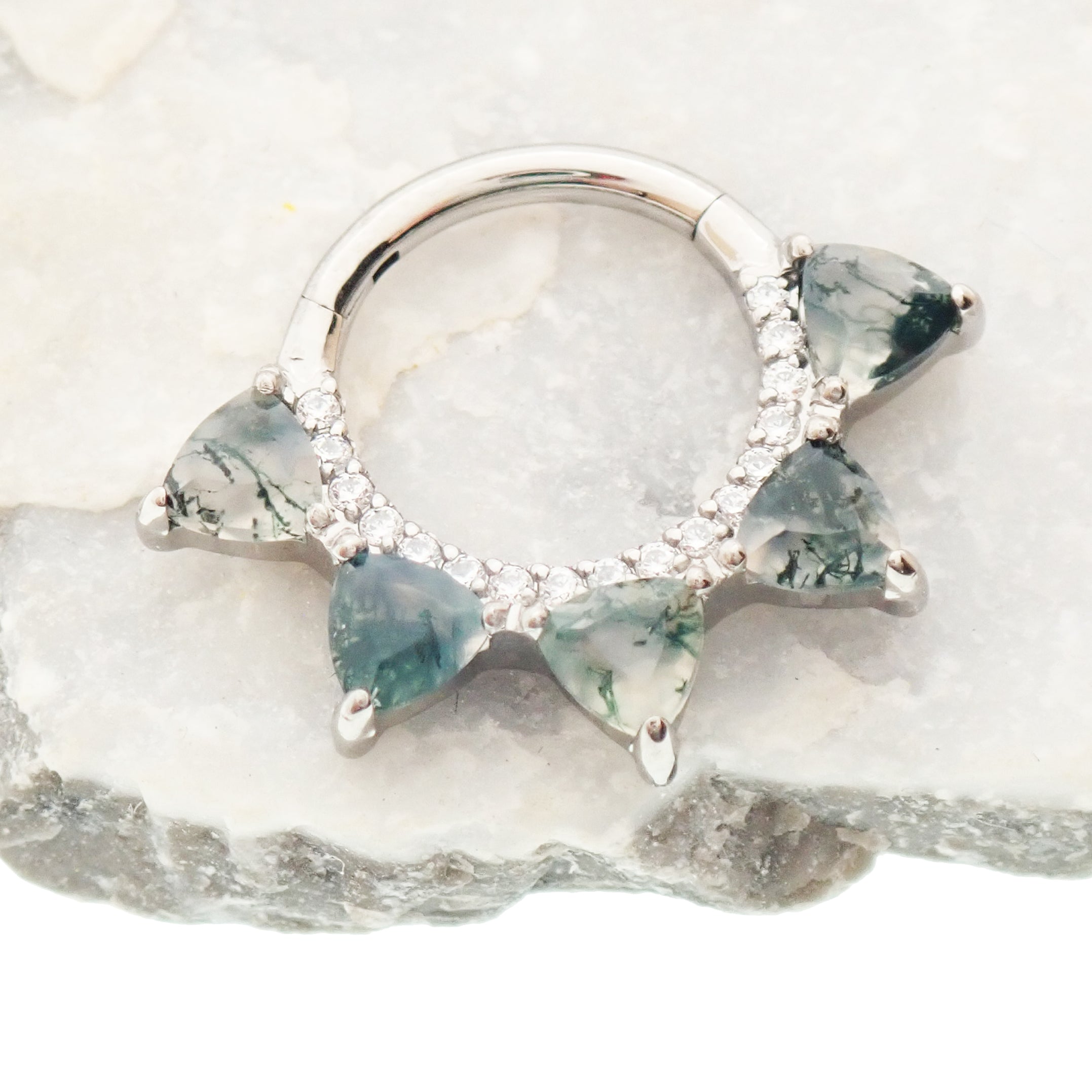 Moss agate and cubic zirconia hinged clicker body jewelry in 16g with silver-tone finish and detailed gemstone design.