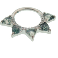 Moss agate and cubic zirconia hinged clicker body jewelry in 16g with textured design and silver-tone finish.