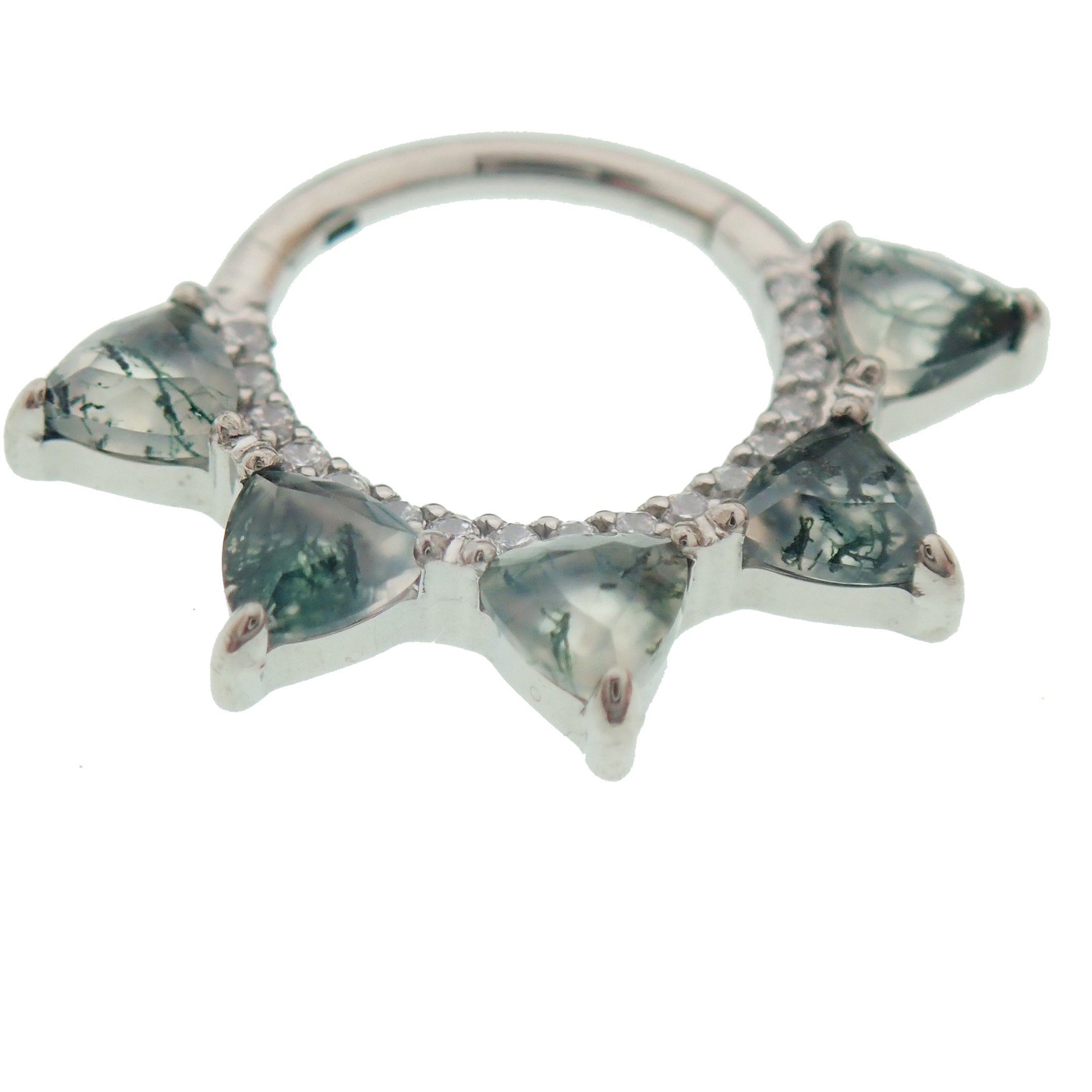 Moss agate and cubic zirconia hinged clicker body jewelry in 16g with textured design and silver-tone finish.